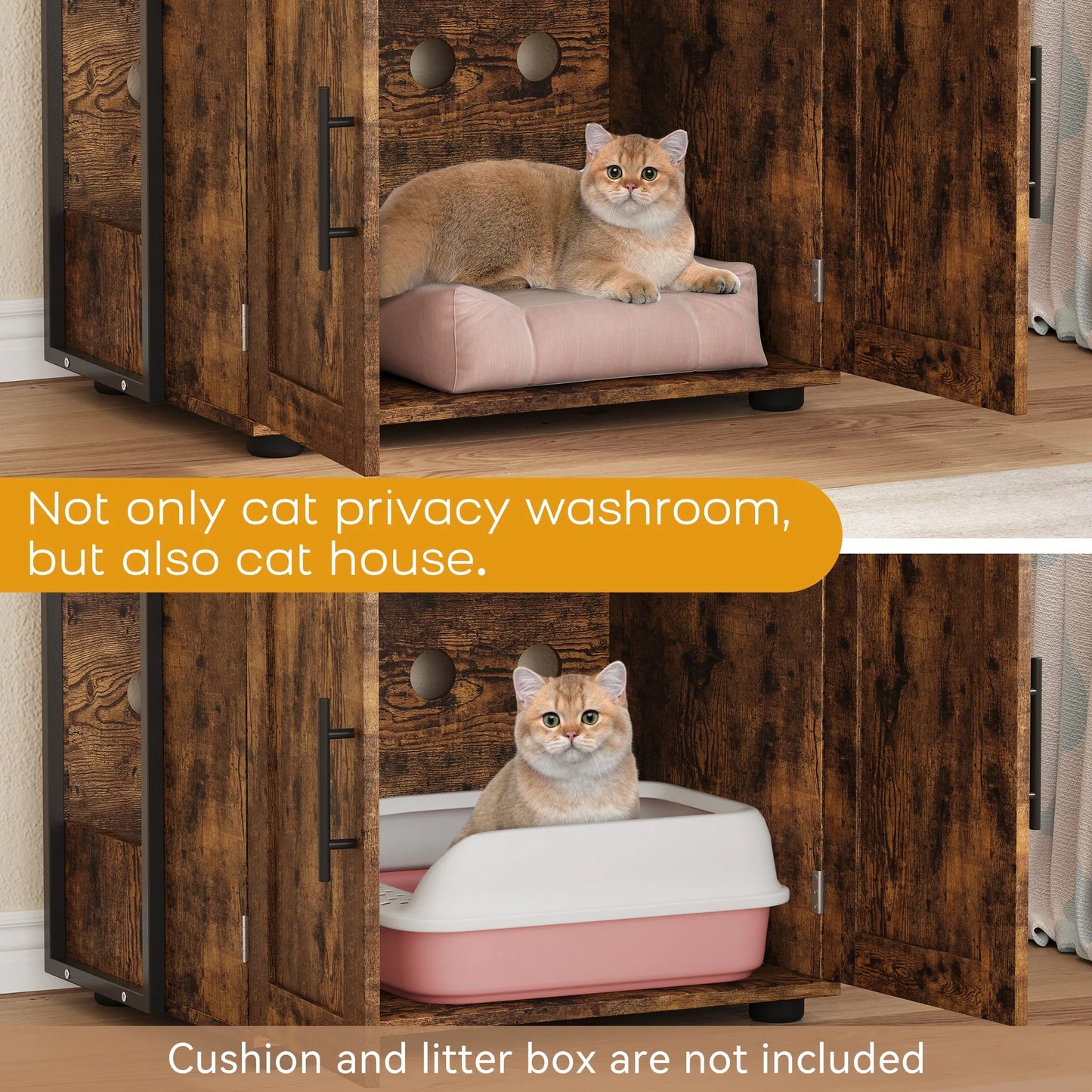 Litter Box Enclosure with 2-Tier Storage Shelves and Doors
