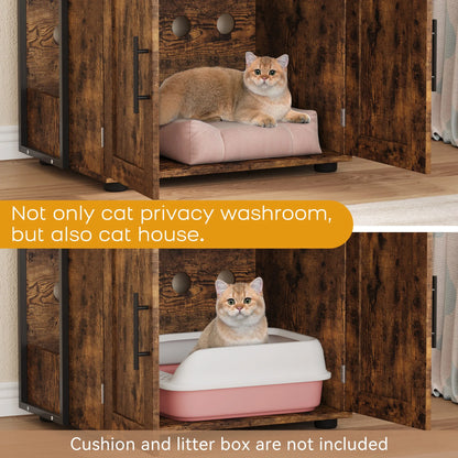 Litter Box Enclosure with 2-Tier Storage Shelves and Doors