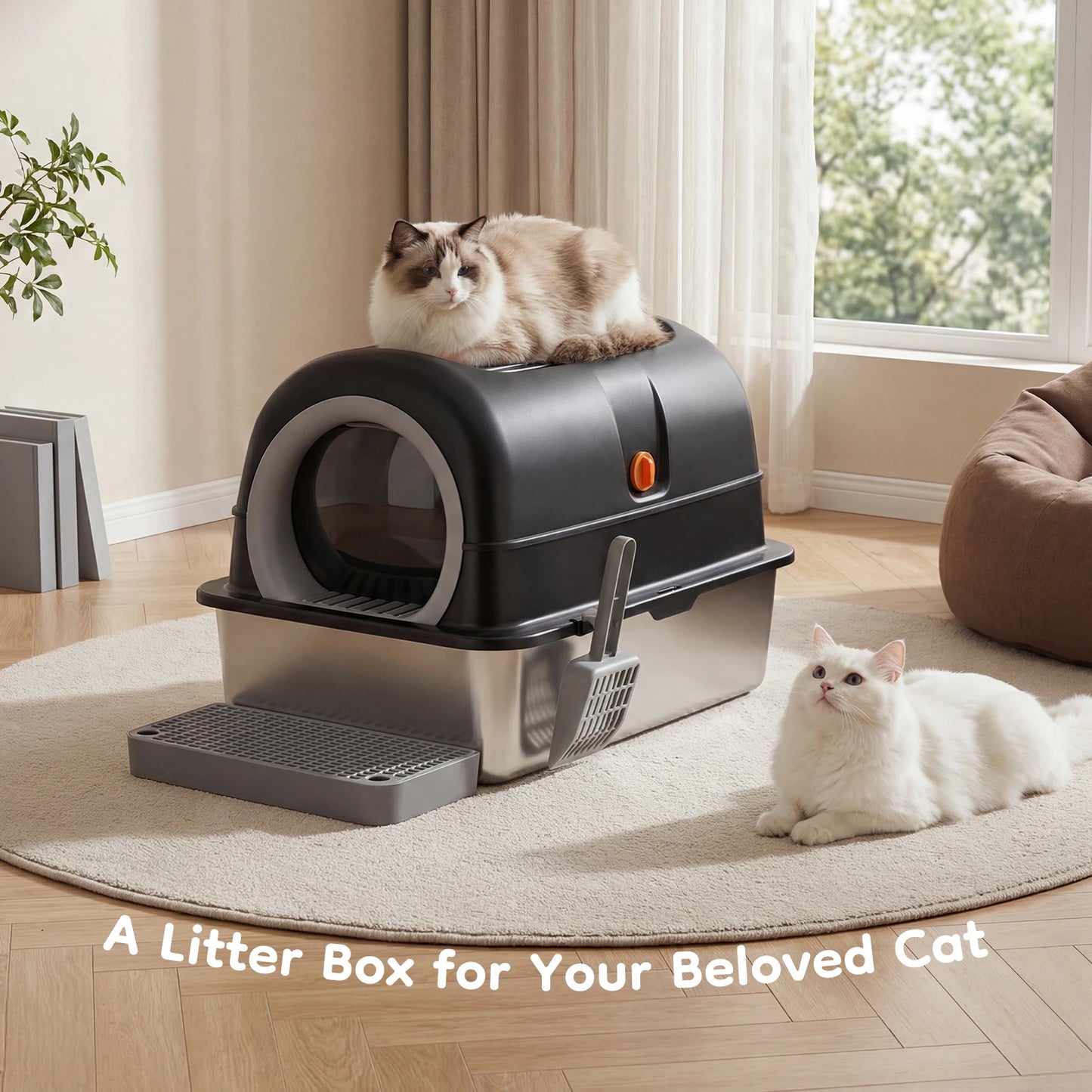 24IN Stainless Steel Litter Box with Fully Enclosed Scoop and Mat Included