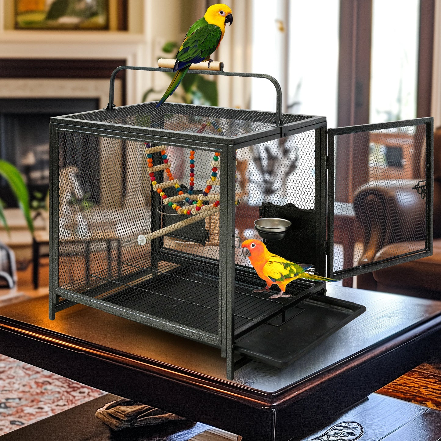 Travel Carrier Cage with Handle Wooden Perch