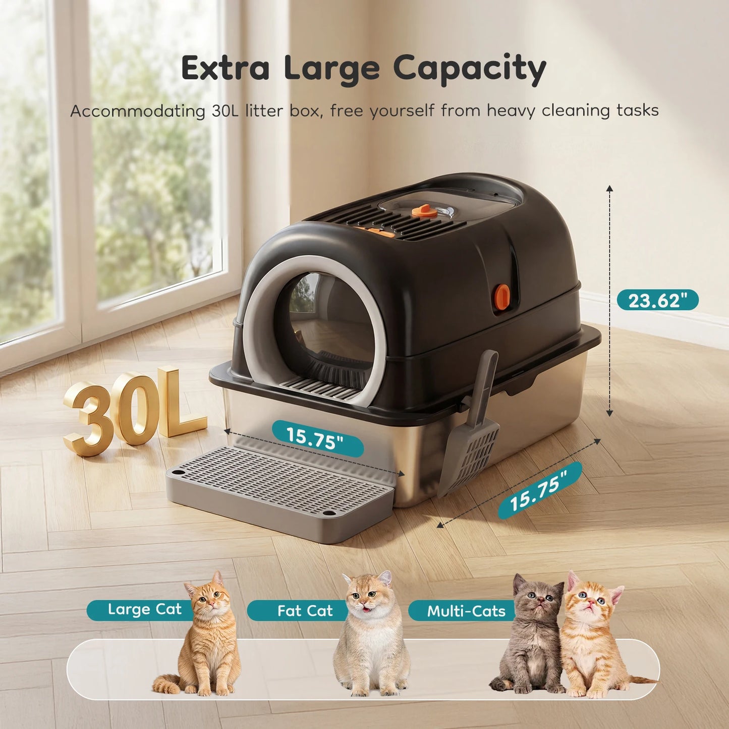 24IN Stainless Steel Litter Box with Fully Enclosed Scoop and Mat Included