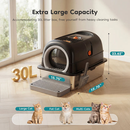 24IN Stainless Steel Litter Box with Fully Enclosed Scoop and Mat Included