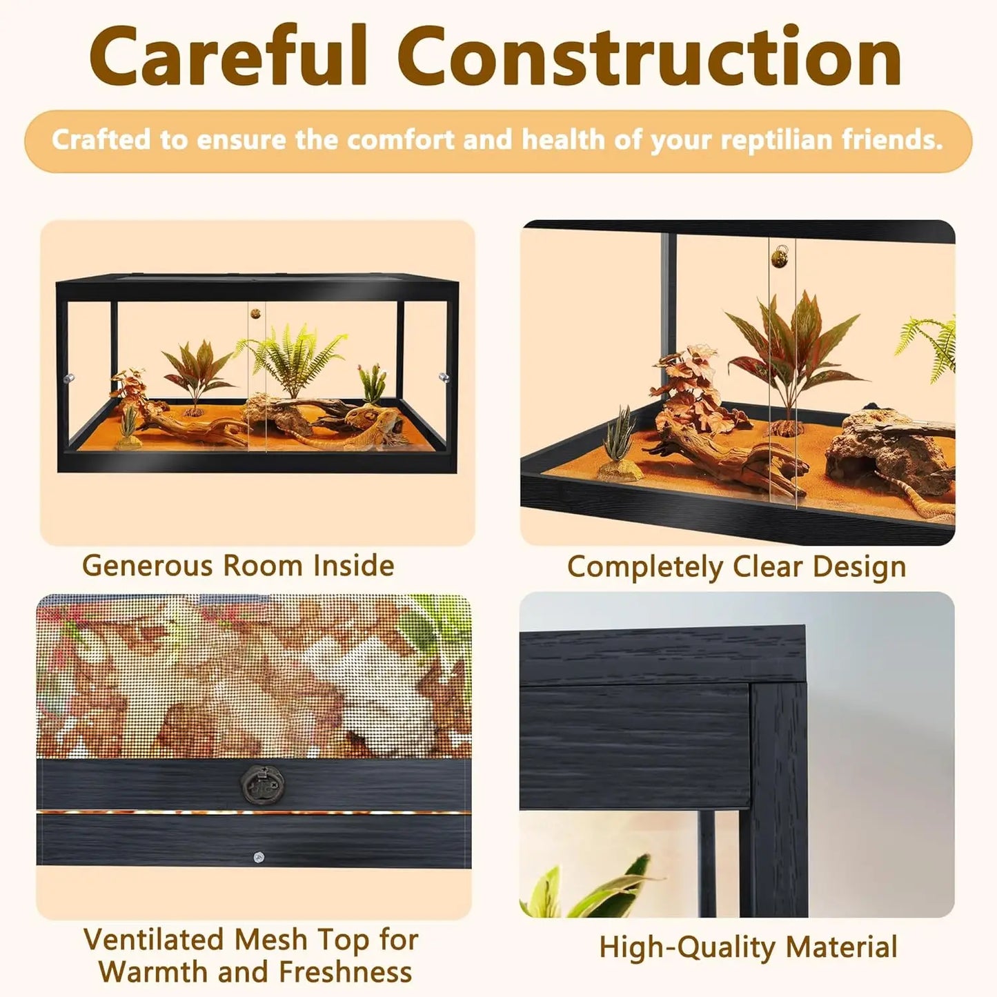 Reptile Tank with Mesh Roof and Sliding Door(Black, 27 Gallon)