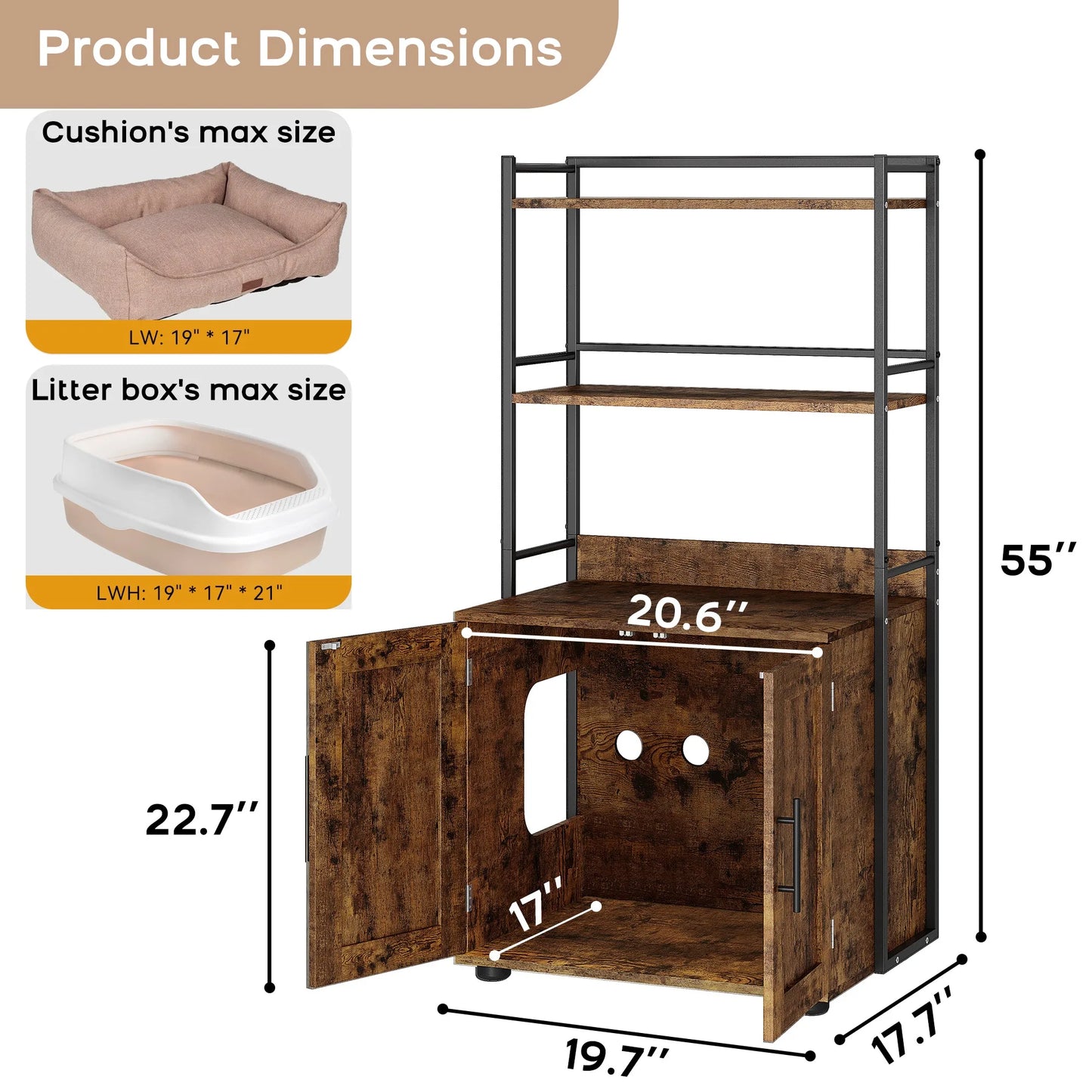 Litter Box Enclosure with 2-Tier Storage Shelves and Doors