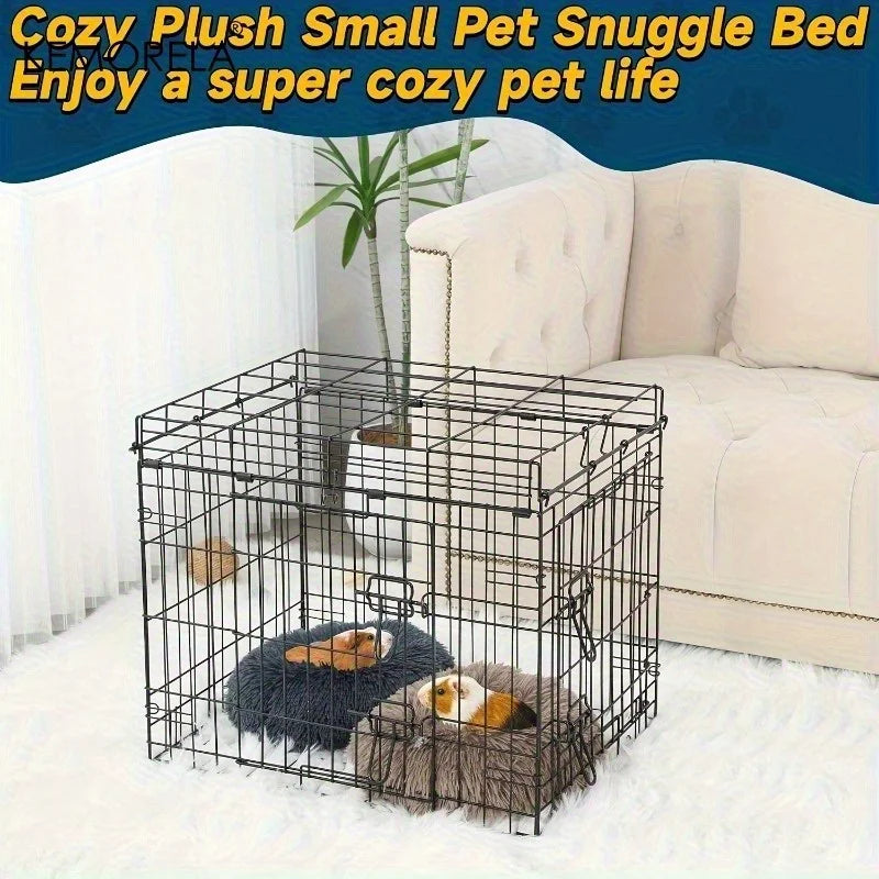 Pet crate with plush small pet snuggle bed inside, placed on a white surface with a beige couch and plant in the background.