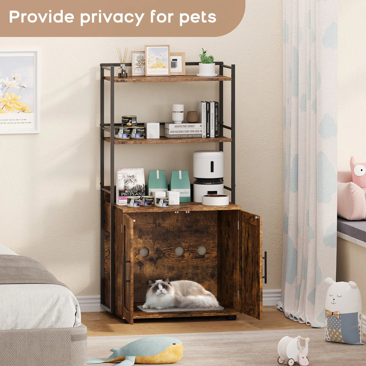 Litter Box Enclosure with 2-Tier Storage Shelves and Doors