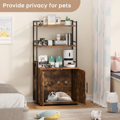 Litter Box Enclosure with 2-Tier Storage Shelves and Doors