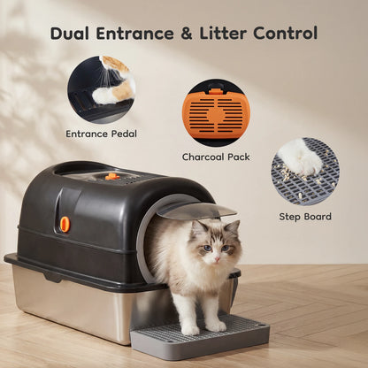 24IN Stainless Steel Litter Box with Fully Enclosed Scoop and Mat Included