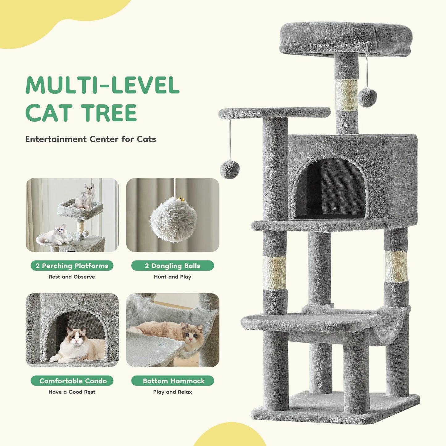 44In Tall Multi-Cat Climbing Tower Natural Sisal Scratching Posts