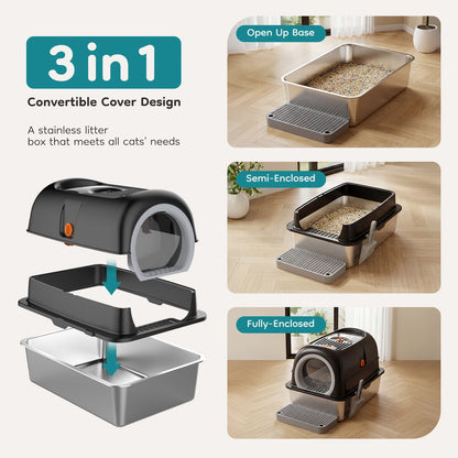 24IN Stainless Steel Litter Box with Fully Enclosed Scoop and Mat Included