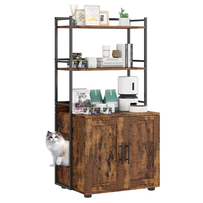 Litter Box Enclosure with 2-Tier Storage Shelves and Doors