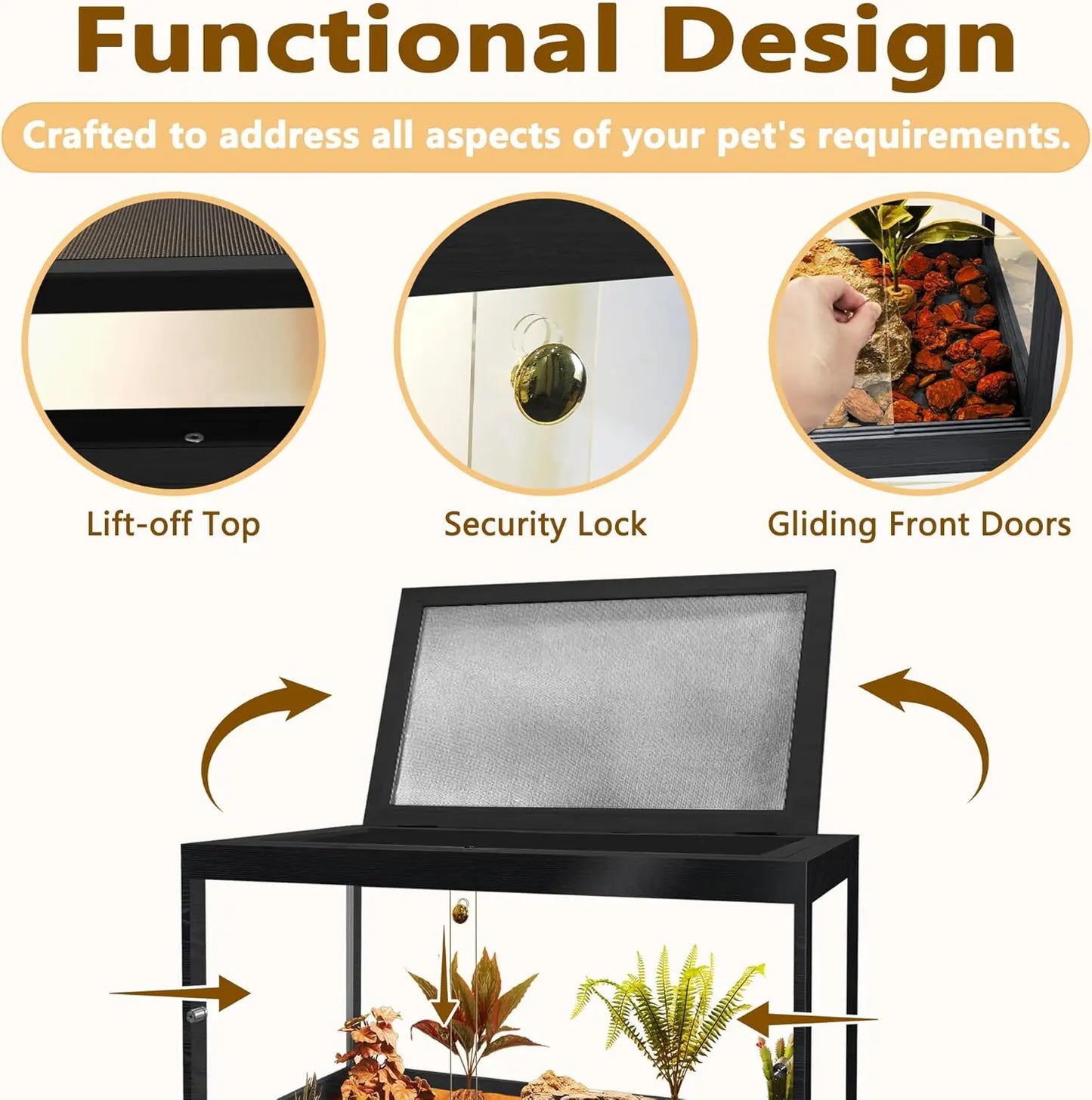 Reptile Tank with Mesh Roof and Sliding Door(Black, 27 Gallon)