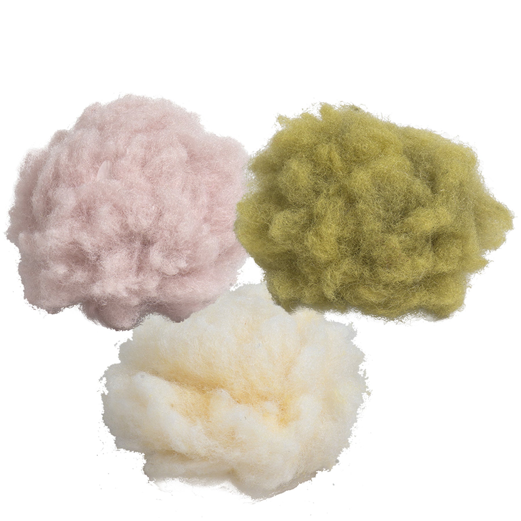 Three balls of wool in pink, green, and white on a white background