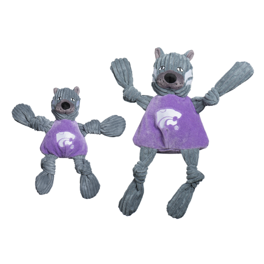 Two gray and purple dog toys with a logo on a white background