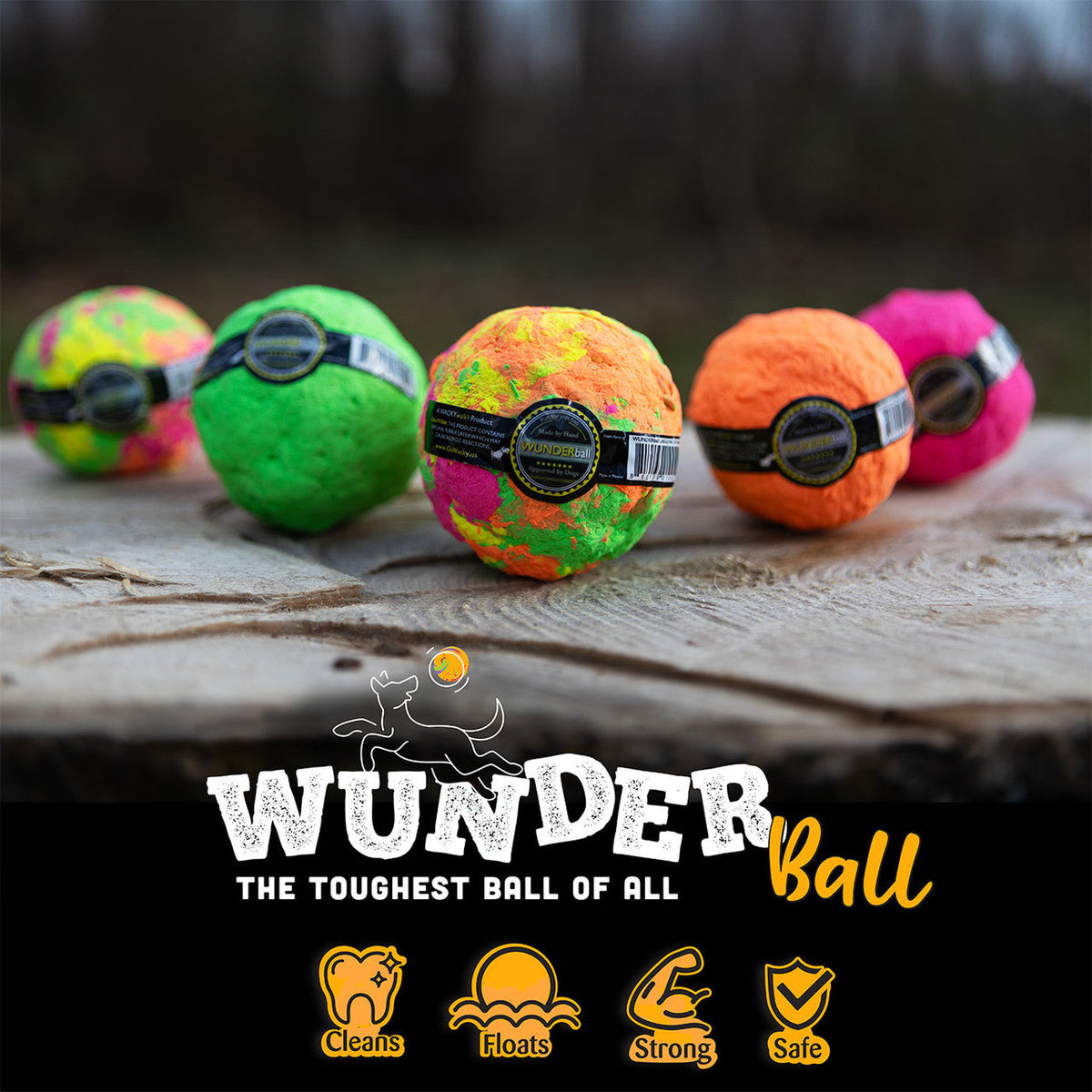 Colorful textured balls on a wooden surface with 'Wunder Ball' branding.
