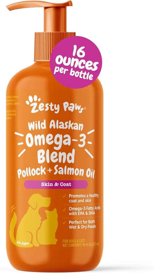 Zesty Paws Wild Alaskan Omega-3 Blend bottle for dogs on a white background