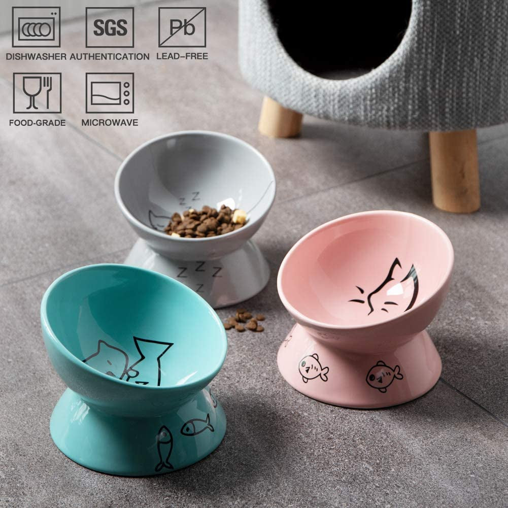 Sweejar Tilted Raised Cat Bowl – Porcelain Elevated Food Dish for Neck Relief & Anti-Vomiting | 10 oz | Pink MJ's Pet Closet