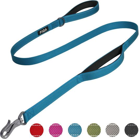 Blue dog leash with Fida logo on a white background
