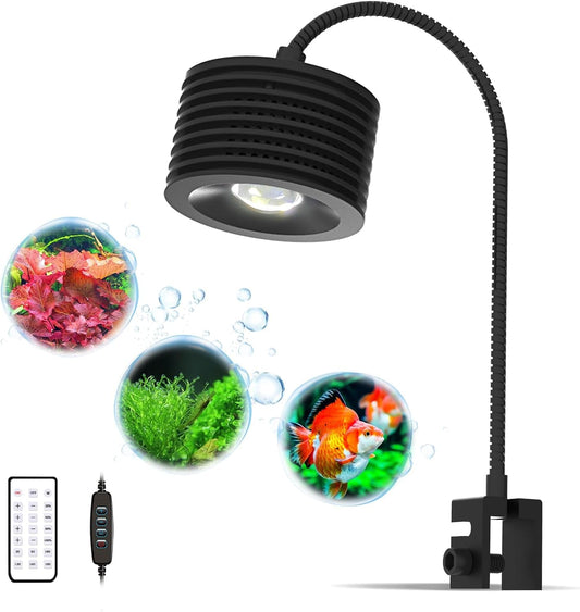 Black aquarium light with flexible neck and remote control on a white background