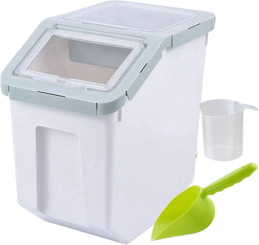 White pet food storage container with a green scoop and measuring cup on a white background