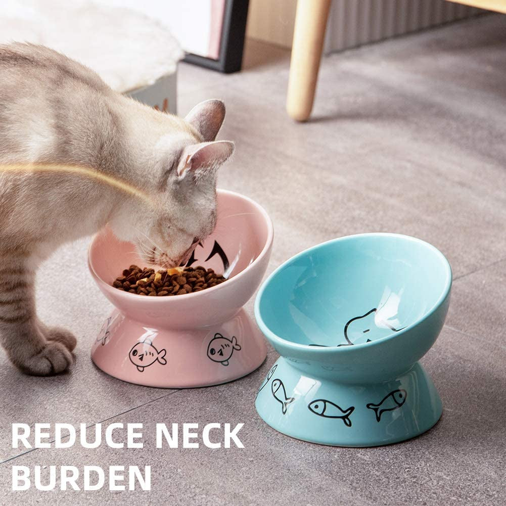 Sweejar Tilted Raised Cat Bowl – Porcelain Elevated Food Dish for Neck Relief & Anti-Vomiting | 10 oz | Pink MJ's Pet Closet