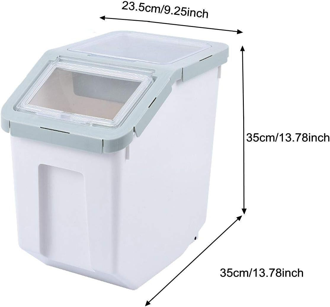 White storage container with dimensions labeled on a white background