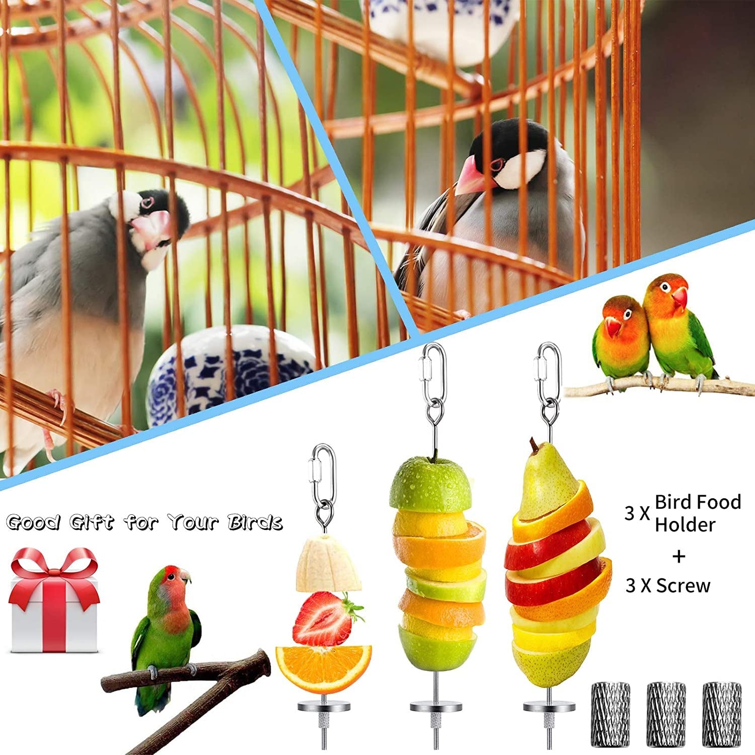 Bird food holders with fruits and screws, shown with birds in a cage and on branches.