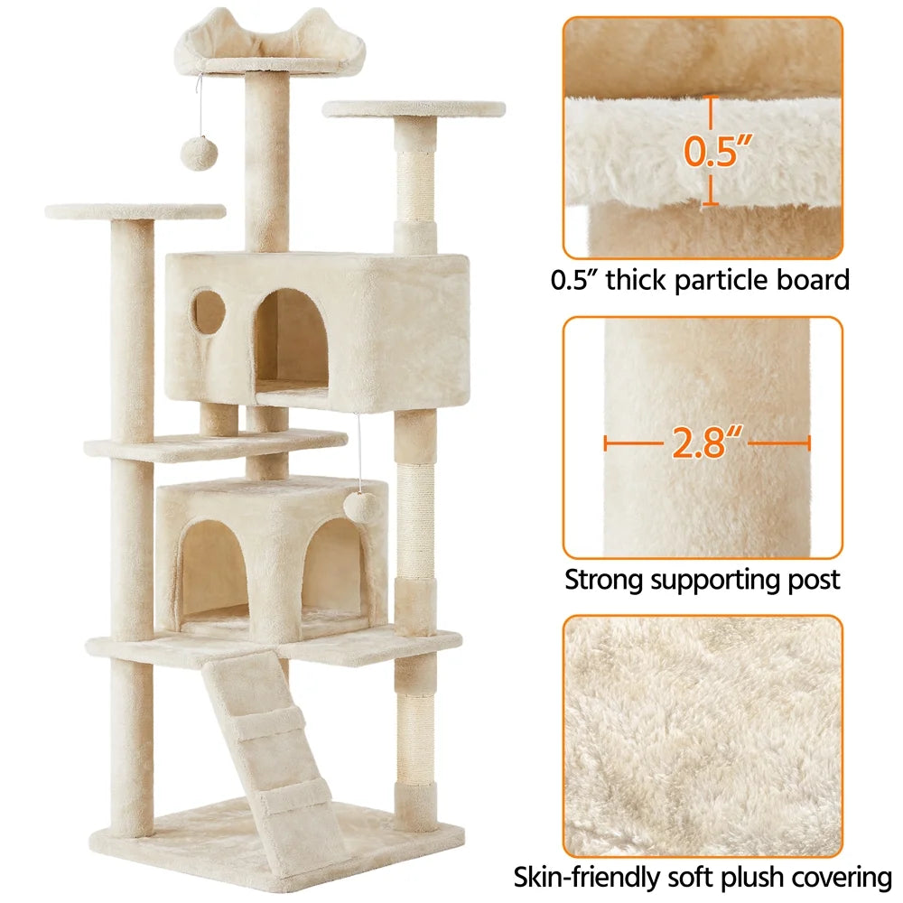SmileMart 70" Double Condo Cat Tree – Beige, Multi-Level with Scratching Posts MJ's Pet Closet