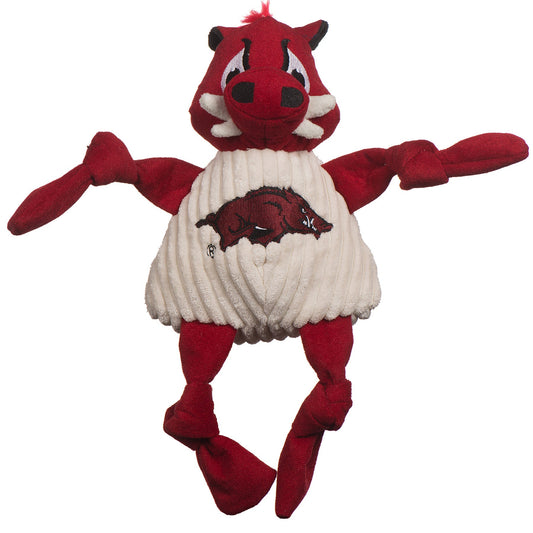 Red and white plush toy with a logo on a white background