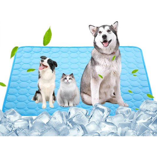 Blue pet cooling mat with dogs and a cat on a white background