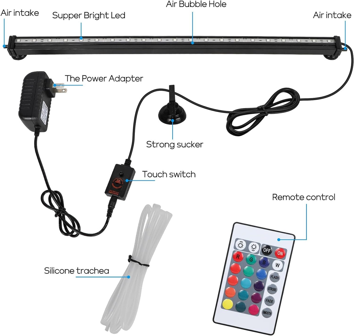 SZMINILED RGB Aquarium Bubble Light – 20" Fish Tank Light with Air Tube, 16 Colors, 4 Modes & 24-Key Remote | IP68 Waterproof MJ's Pet Closet