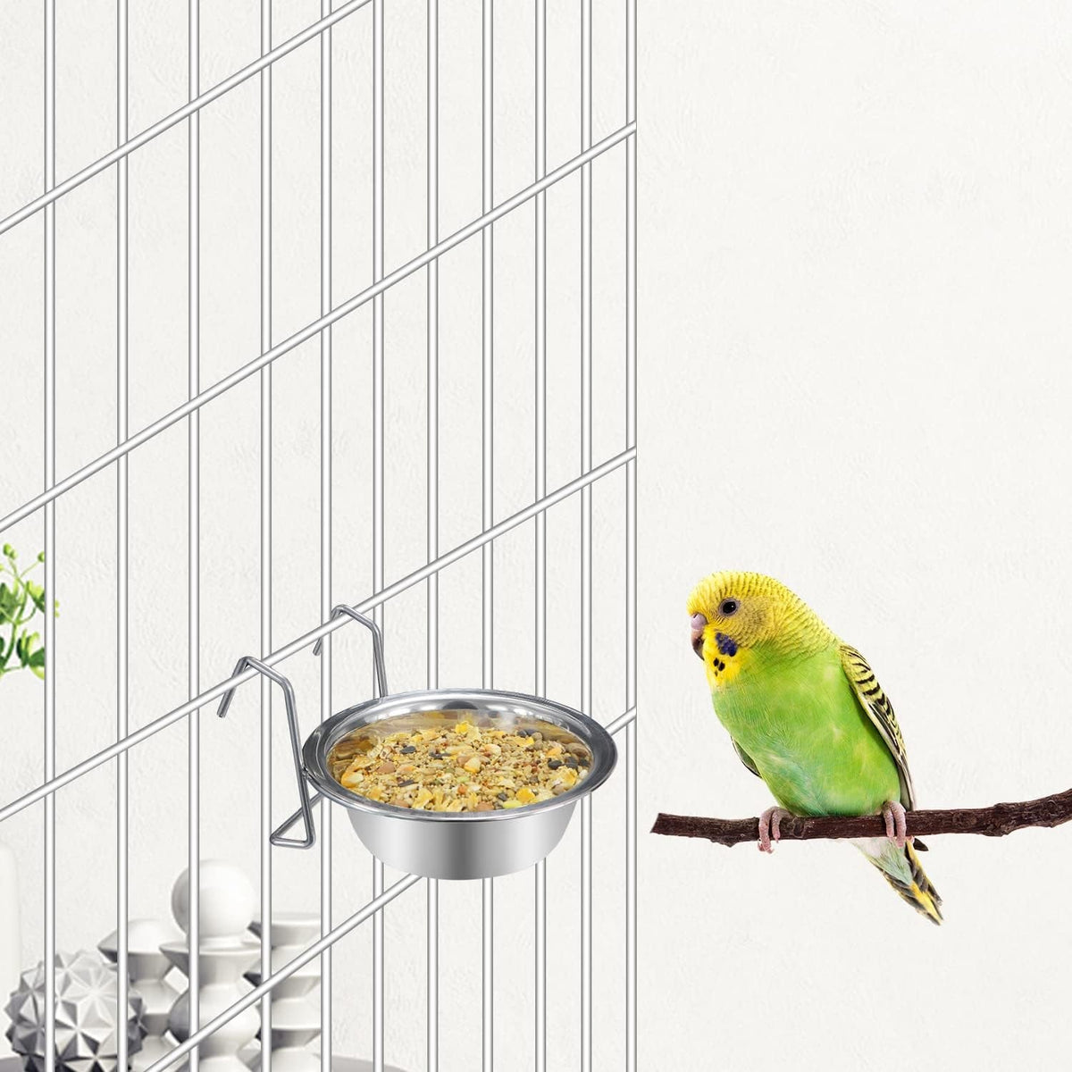 Bird perched on a branch next to a metal bird feeder attached to a cage.