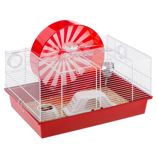 Red and white pet cage with a wheel on a white background
