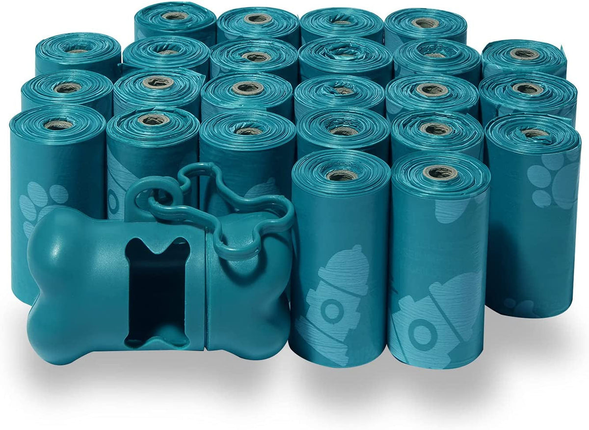 Teal rolls of dog waste bags with a bone-shaped dispenser on a white background