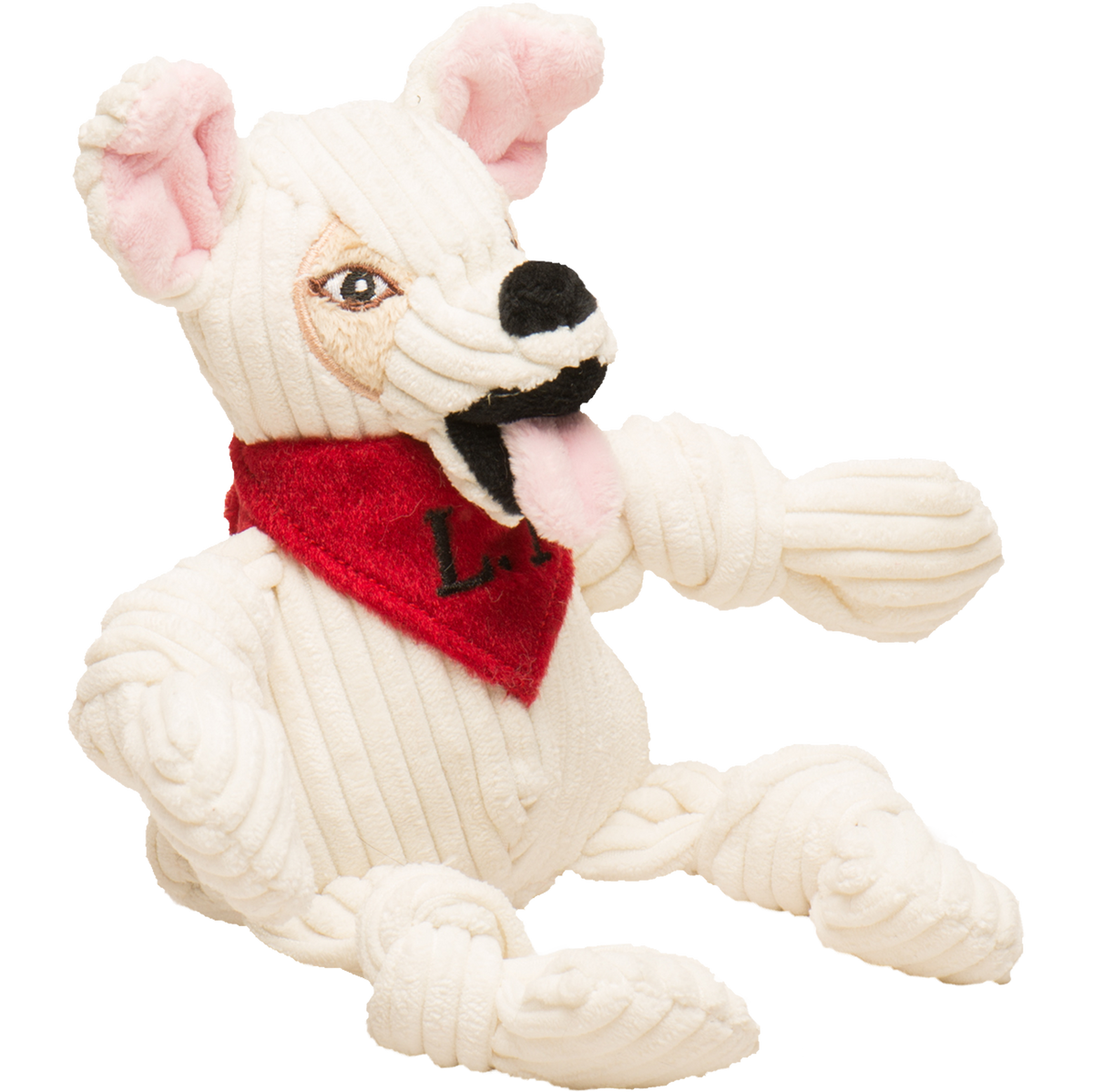 White plush dog toy with a red bandana on a white background