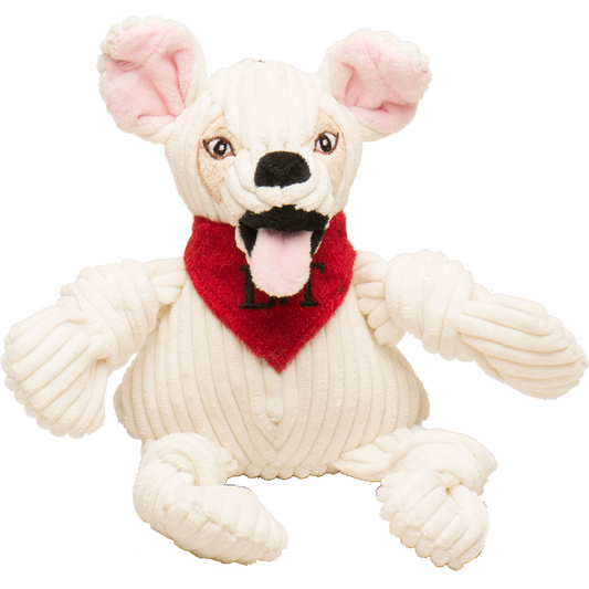 White plush dog toy with pink ears and a red heart-shaped scarf on a white background