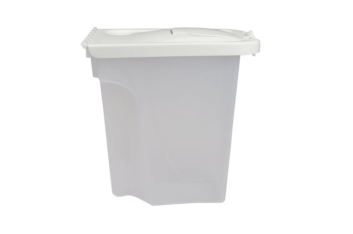 White plastic storage bin with lid on a white background
