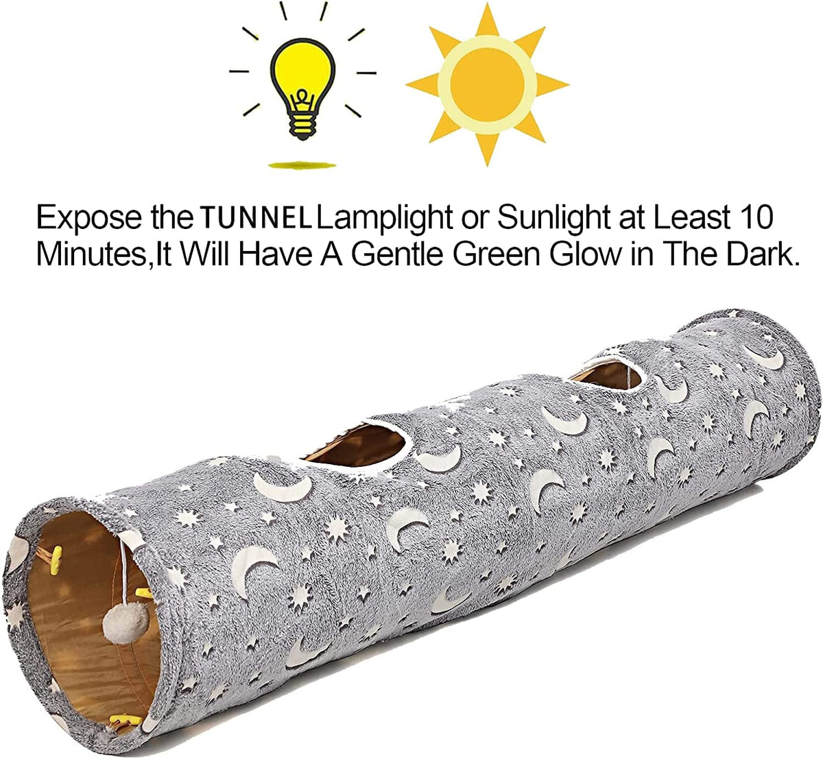 Cat tunnel with moon and star pattern on a white background