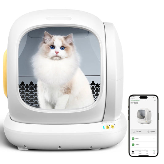 Cat inside a modern litter box with a smartphone app displayed on a white background