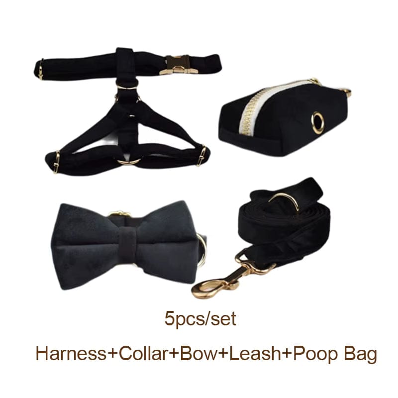 Black Velvet Personalized Dog Harness Set – Custom Engraved Collar & Leash DDPaws