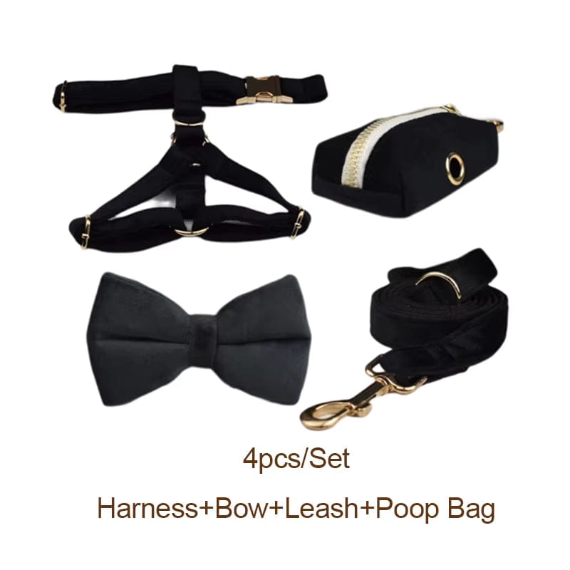 Black Velvet Personalized Dog Harness Set – Custom Engraved Collar & Leash DDPaws