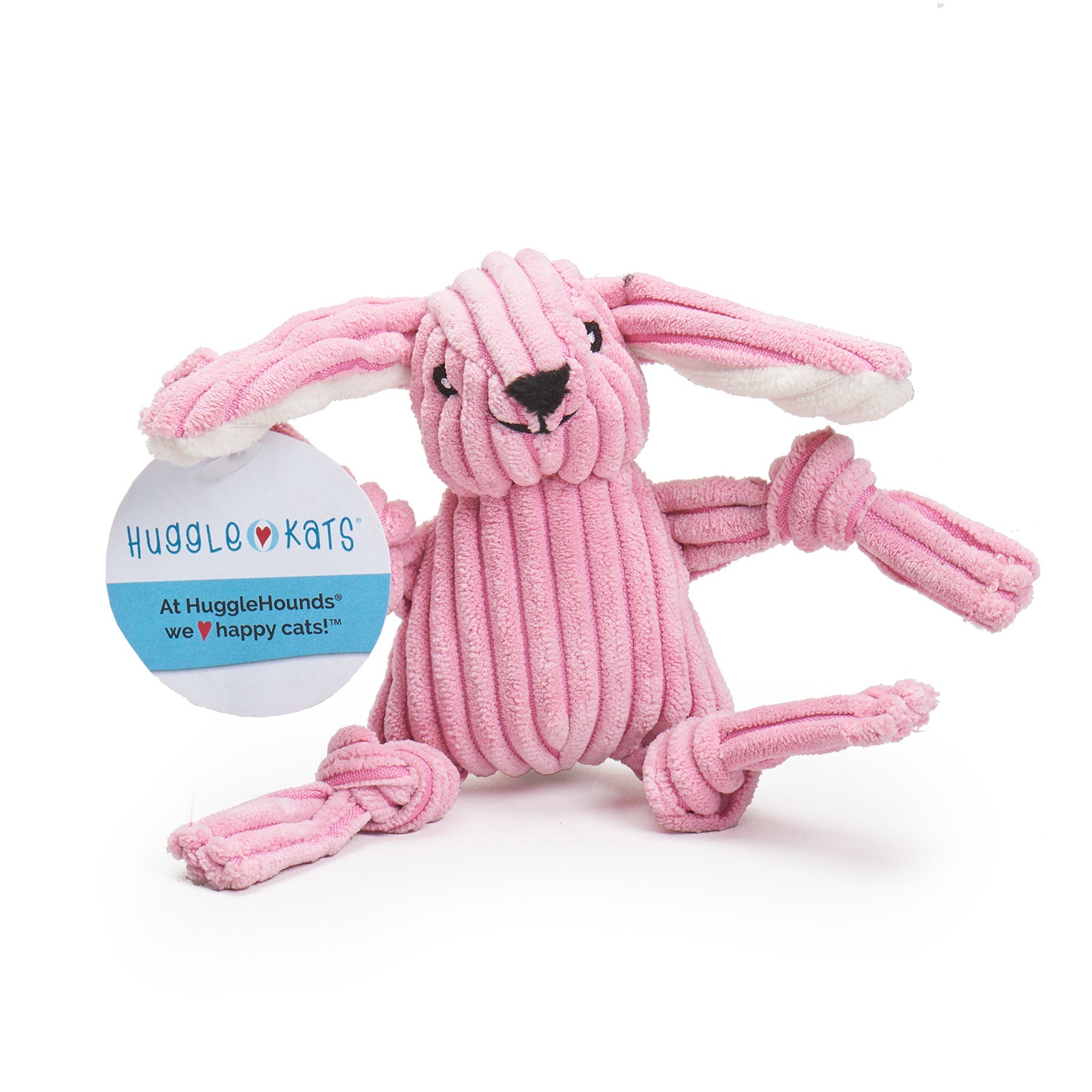 Pink dog toy with a label on a white background