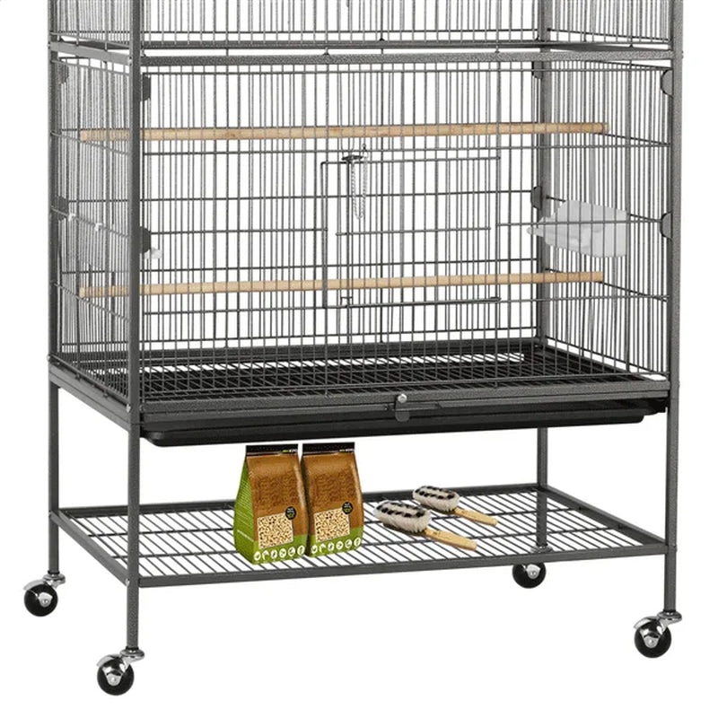 Metal 52" Large Rolling Bird Cage with 3 Perches & 4 Feeders MJ's Pet Closet