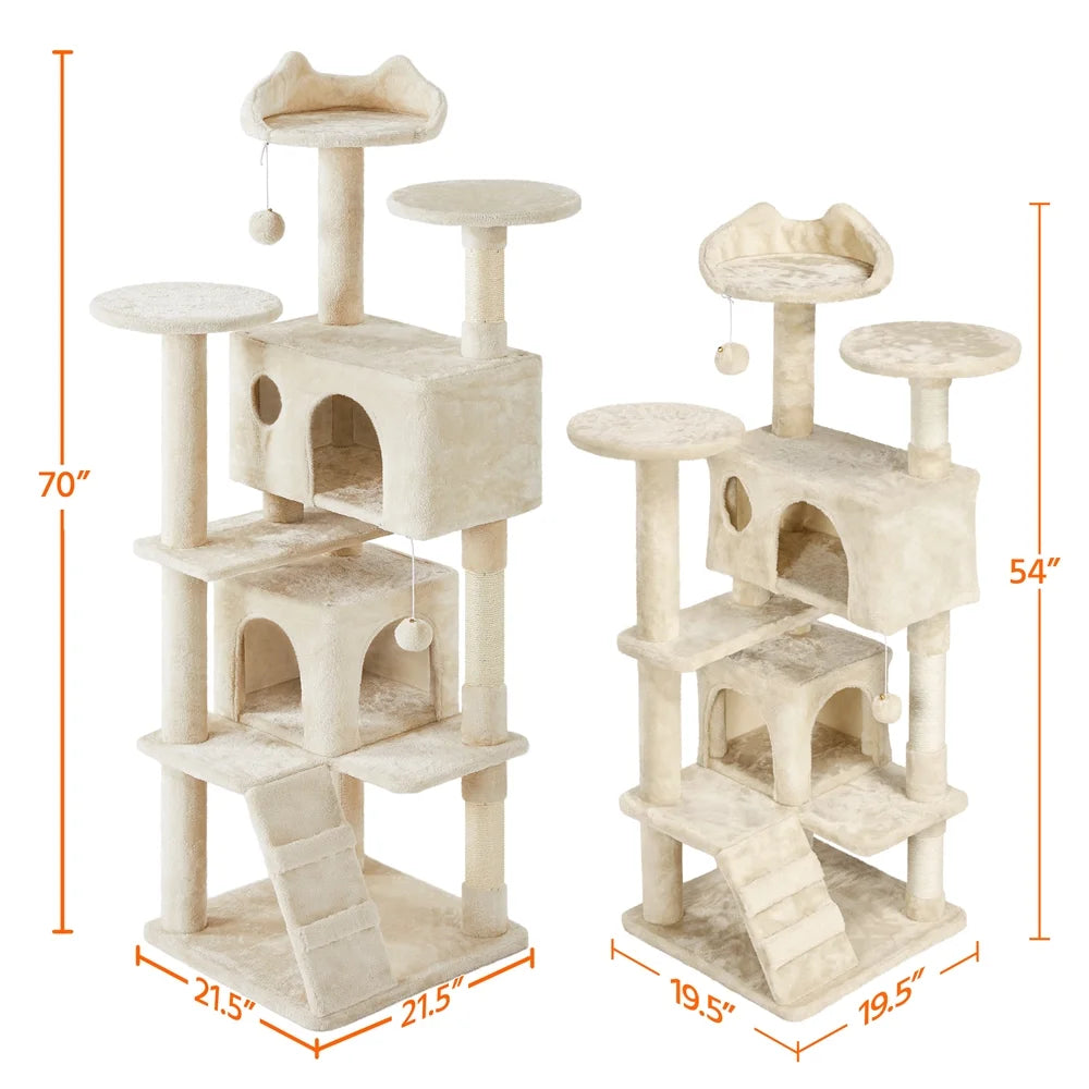 SmileMart 70" Double Condo Cat Tree – Beige, Multi-Level with Scratching Posts MJ's Pet Closet