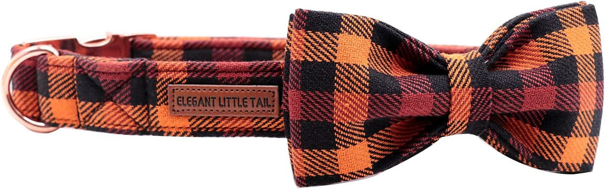Plaid dog collar with bow tie and 'Elegant Little Tail' branding on a white background