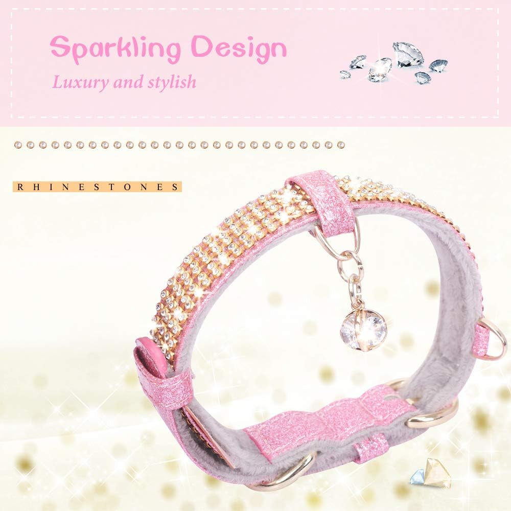Pink and gray dog collar with rhinestones on a sparkling background