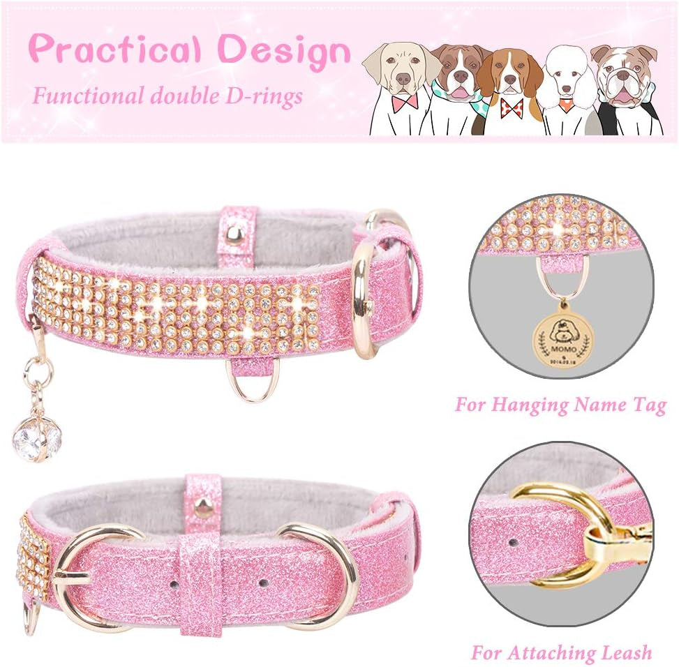 Pink dog collar with rhinestones and attachments on a white background