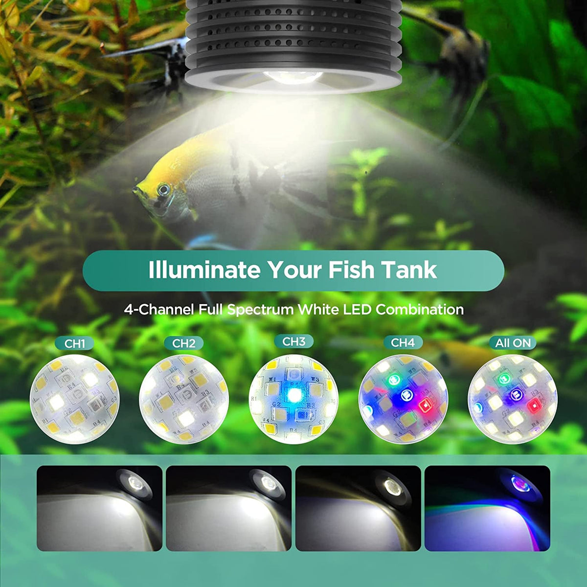 LED light for fish tanks with various color options and an aquarium setting.