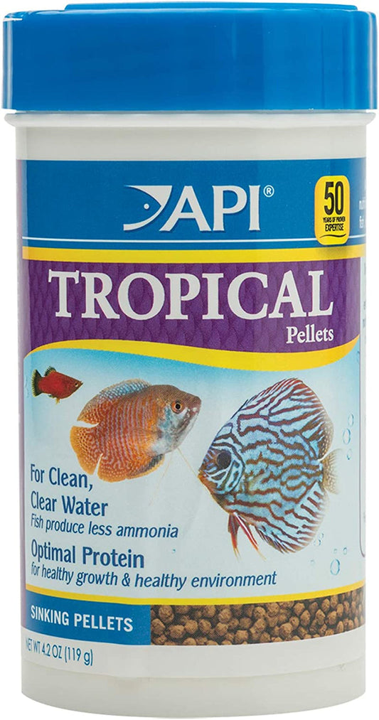 API Tropical Pellets fish food container with blue lid and colorful label