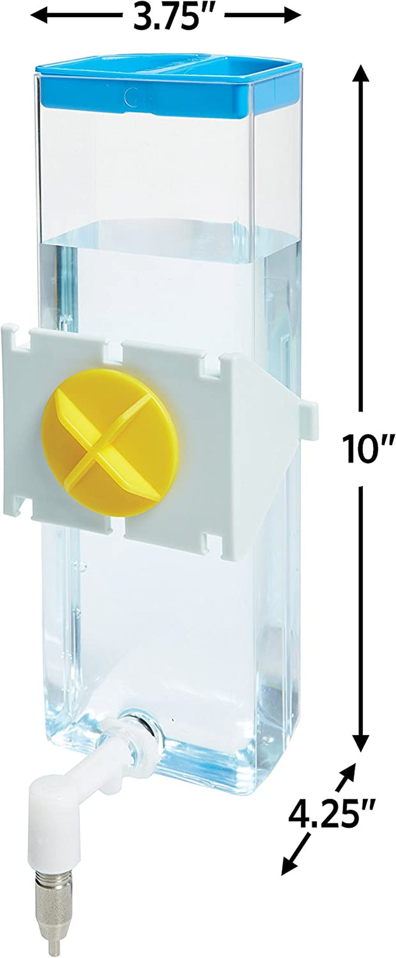 Clear plastic container with a yellow button and blue top, labeled with dimensions.